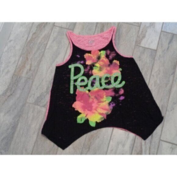 Justice girl's size 12 "Peace" black/pink/green/yellow top - Picture 1 of 4